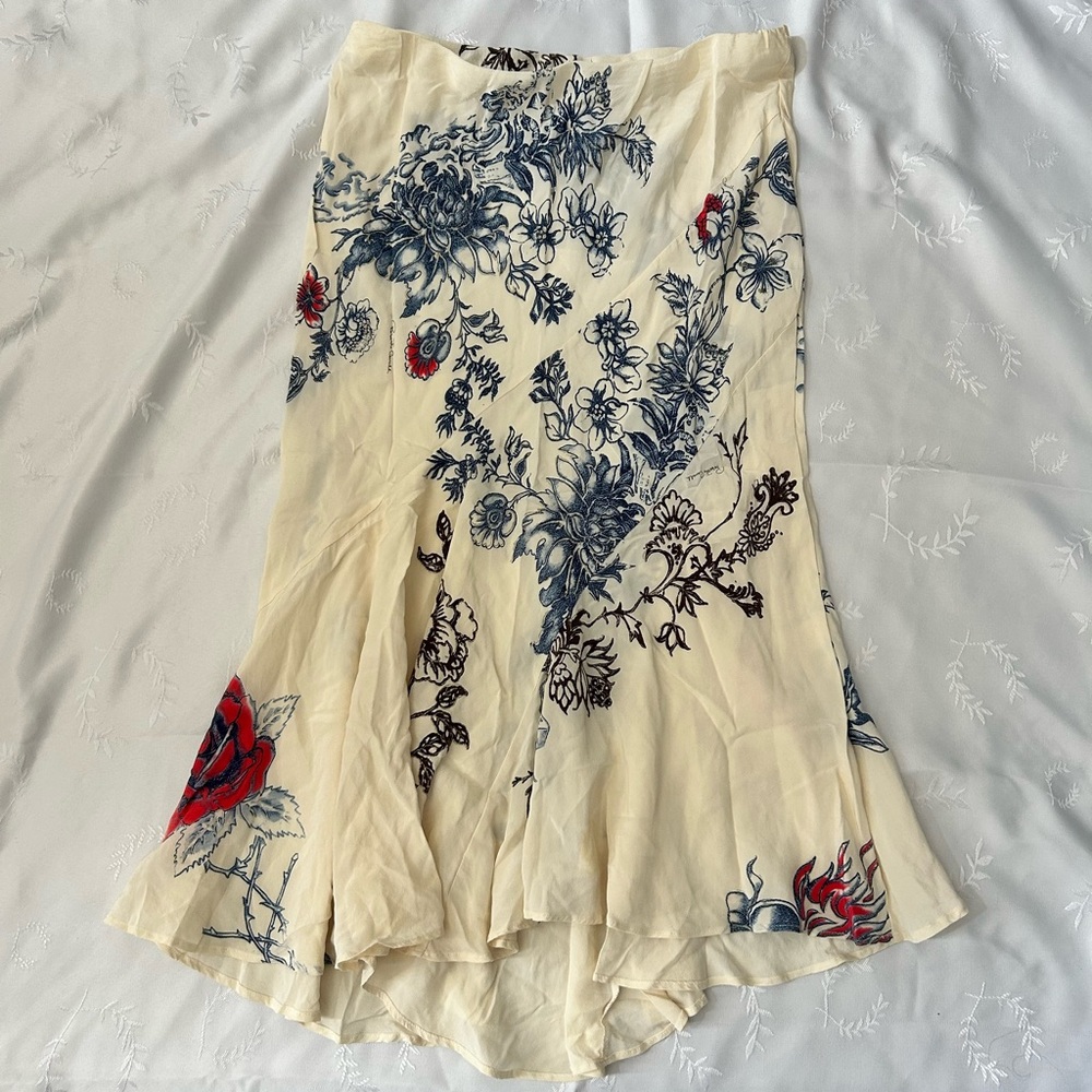 Roberto Cavalli Cream and Blue Floral High-Low Skirt